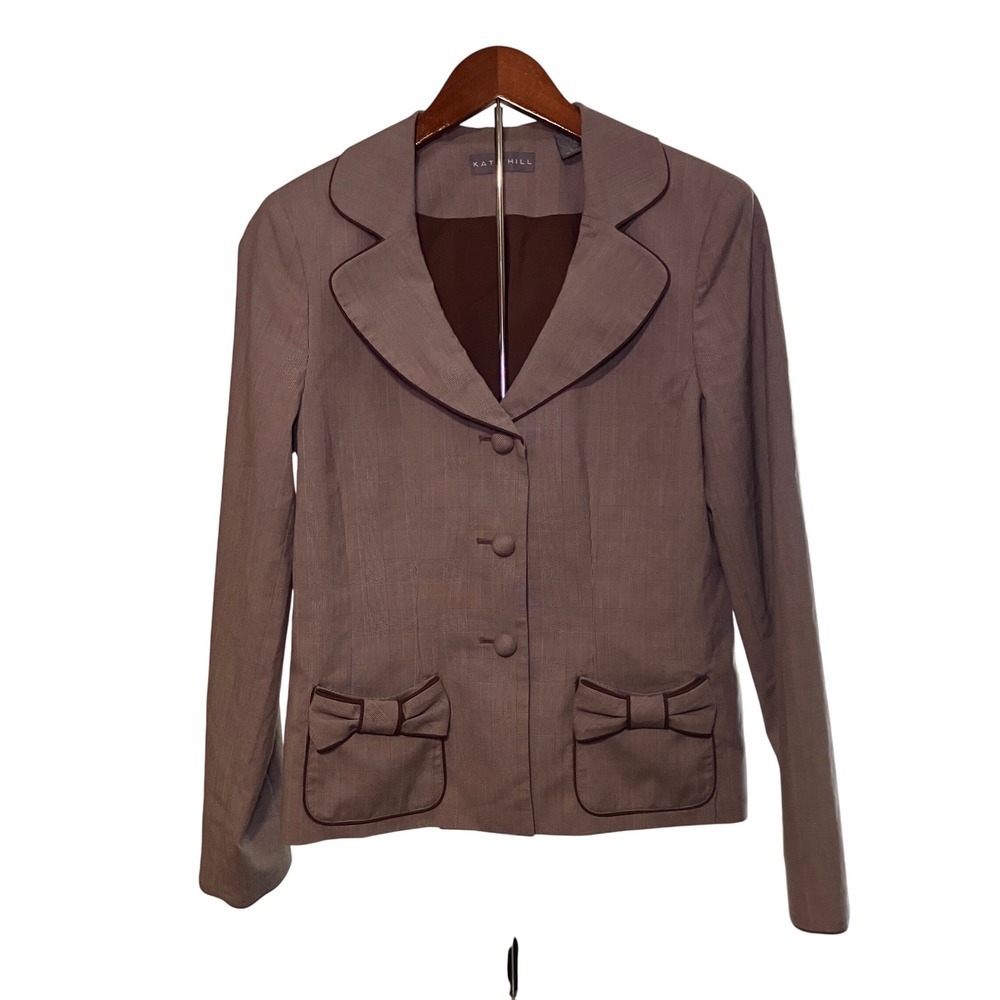 Kate Hill Blazer Brown Plaid Bow Pockets Button Front Jacket Size 6